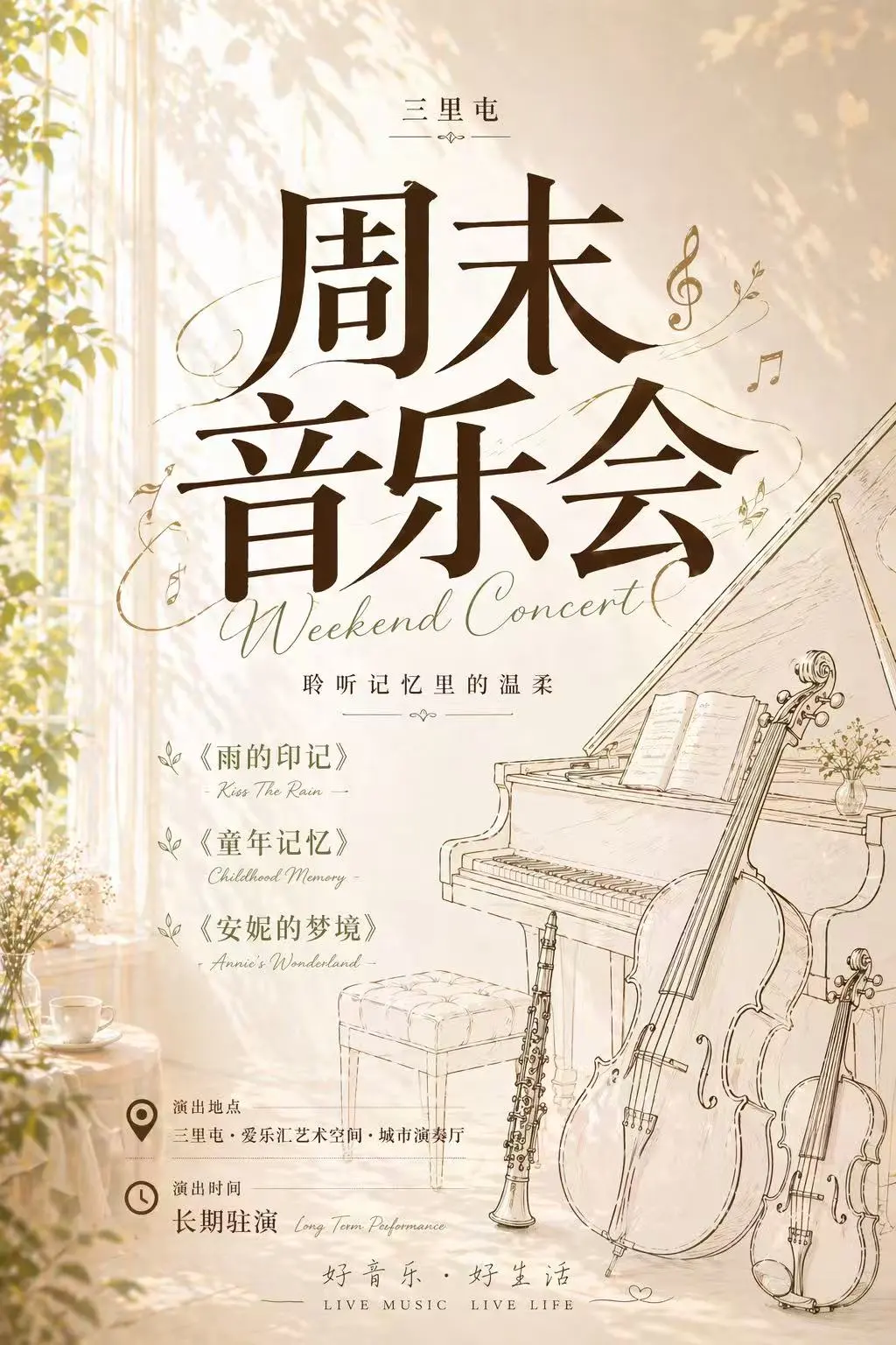 【三里屯】周末音乐会---《雨的印记》《童年记忆》《安妮的梦境》钢琴小提琴大提琴单簧管四重奏 海报